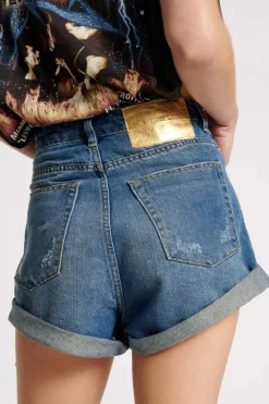 Bandits High Waist Foil Denim Shorts - Blue Shredded Gold