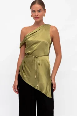 Carrie off shoulder Silky Top Olive