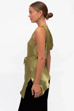 Carrie off shoulder Silky Top Olive