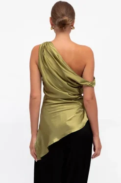 Carrie off shoulder Silky Top Olive