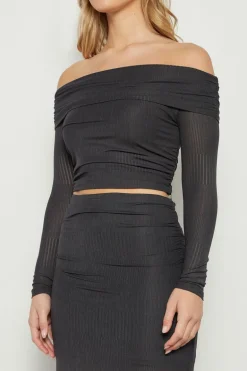 Textured Mesh Off Shoulder TOP CHARCOAL