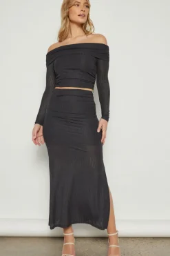 Textured Mesh Off Shoulder TOP CHARCOAL